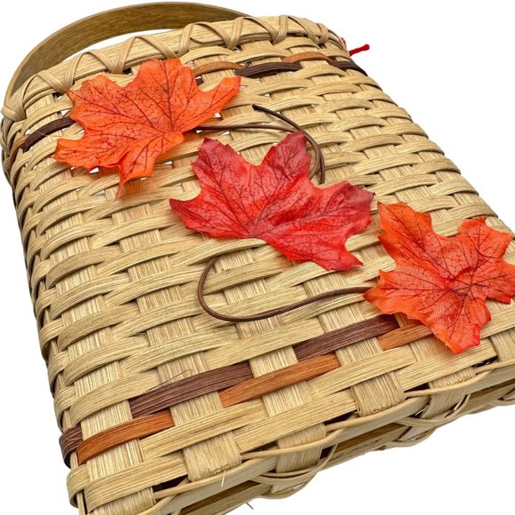 Handmade Basket Falling Leaves Oval Shaped with Handle and Leaves Decoration - Picture 9 of 16